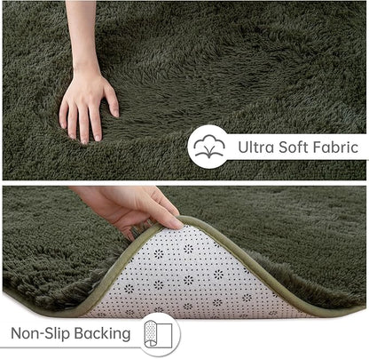 Goideal Fluffy Runner Rug for Bedroom Living Room, 2x6 Olive Green Bedside Rugs, Faux Fur Shag Modern Carpet Ultra Soft Girls Boys Room Home Decor, Solid