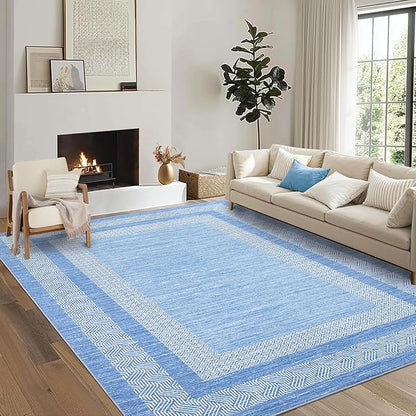 GarveeHome 8x10 Large Washable Area Rug Modern Bordered Distressed Geometric Floor Carpet, Soft Non Slip Low Pile Non Shedding Indoor Light Blue Carpet for Bedroom, Living Room