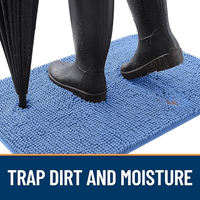 OLANLY Dog Door Mat for Muddy Paws 47x24, Absorbs Moisture and Dirt, Absorbent Non-Slip Washable Doormat, Quick Dry Chenille Mud Mat, Entry Indoor Entryway Carpet for Inside Floor, Cornflower Blue
