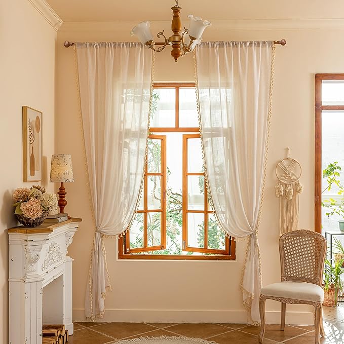 MYSKY HOME Natural Boho Sheer Curtains with Macrame 63 Inches Length for Short Window Treatment, Back Tab Design Light Filtering Privacy Drapes Farmhouse Home Decor，50" W×63" L, Natural，2 Panels
