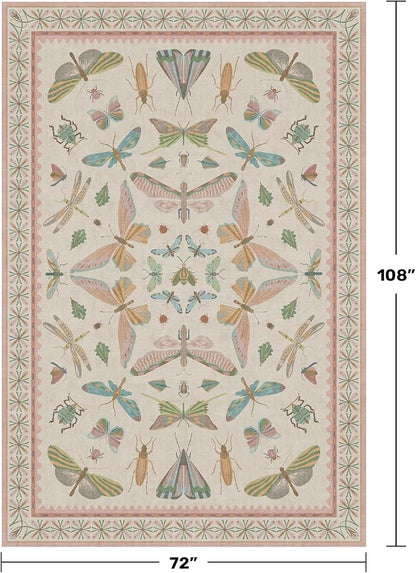Hazo Haus Floral Pink Rugs for Bedroom Girls 6x9 - Insect Print Cute Girly Rug for Living Room, Dining Room Under Kitchen Table, Washable Low Pile Vintage Bug Art Nouveau Home Decor
