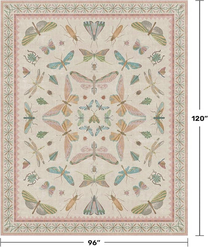 Hazo Haus Cute Rugs for Bedroom Girls - Pink Living Room Rugs 8X10, Dining Room Table, Washable Pastel Flower Insect Print Whimsical Décor