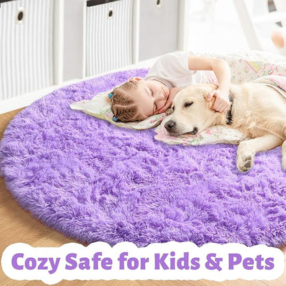 Amdrebio Purple Round Rugs 4Ft for Girls Bedroom Decor Aesthetic, Fluffy Fuzzy Circle Area Rugs for Kids Room, Soft Cute Furry Plush Shaggy Throw Lavender Carpet for Living Room, Baby Nursery, Dorm