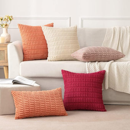 MIULEE Pack of 2 Corduroy Decorative Throw Pillow Covers 18x18 Inch Soft Boho Striped Pillow Covers Modern Farmhouse Home Decor for Summer Sofa Living Room Couch Bed Coral