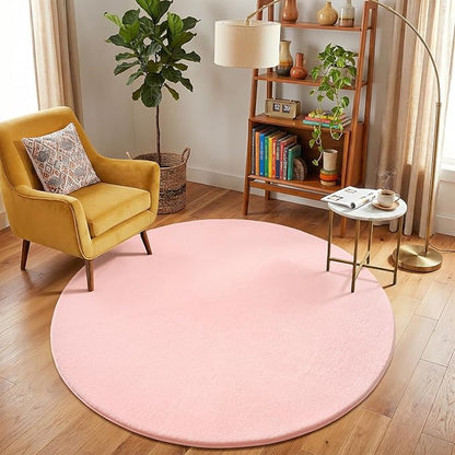 Amearea Pink Round Area Rugs 4ft Washable Circle Rugs for Bedroom Living Room, Fluffy Indoor Thickened Memory Foam Rug, Non Slip Minimalist Circular Carpet for Kids Boys Girls Dorm Nursery Room Decor