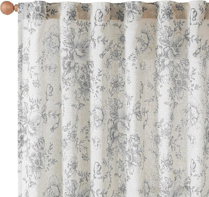 jinchan Linen Blend Curtain Floral Curtains for Living Room 90 Inch Length Grey Printed Curtain Rod Pocket Back Tab Farmhouse Peony Flower Patterned Drapes Bedroom Window Curtains Set 2 Panels