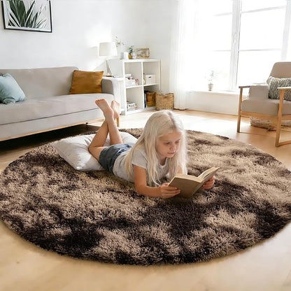 Fluffy Round Rug,Soft Area Rugs for Girls Room,Shaggy Rugs 6'X6' for Living Room,Non Slip Circle Rug for Kids Bedroom,Shag Plush Nursery Carpets,Fuzzy Rug for Dorm,Room Decor Carpet,Tie-Dyed Coffee