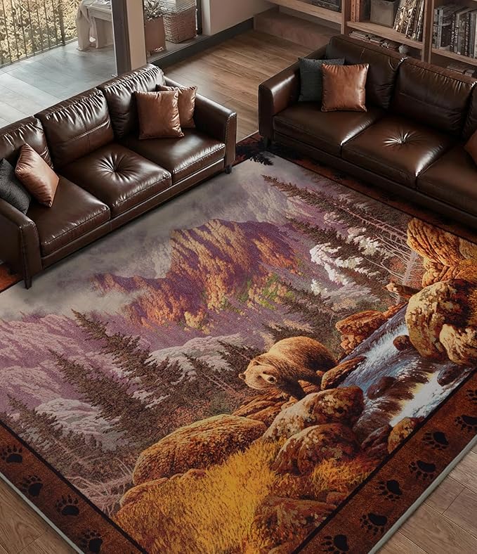 YIHOUSE Rustic Cabin Area Rug for Bedroom 5x7,Machine Washable Woodland Bear Rug,Non-Slip Low Pile Print Pattern Mountain Rug for Living Room