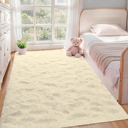 Circle Rug for Bedroom: 4FT Cream White Round Fluffy Shag Soft Washable Rugs Small Fuzzy Plush Indoor Carpet for Teen Kids Girls Boys Nursery Preppy Dorm Classroom (Cream White, 4'x6')