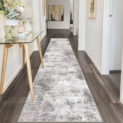 IOHOUZE Abstract Runner Rug 2x10 Ft Washable Runners for Hallways, Non Slip Kitchen Runner Printed Faux Wool Entryway Runner Indoor, Modern Abstract Floor Carpet for Hall Kitchen, Grey Beige