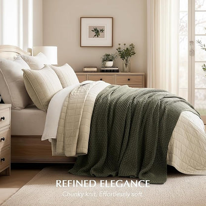 EVERGRACEHOME Chunky Chenille Knit Throw Blanket for Couch, Soft Luxurious Oversized Queen Moss Stitch Blanket for Bed, Cozy Farmhouse Knitted Throw for Sofa, Olive Green, 90" x 90"