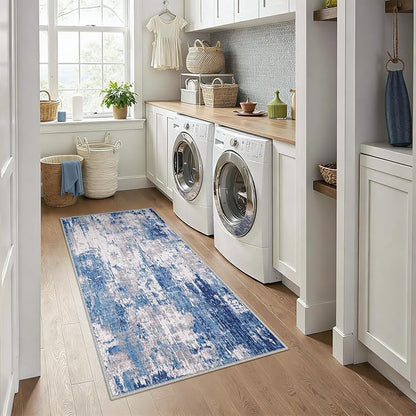 Washable Area Rugs 3x6 Non-Slip Modern Abstract Soft for Living Room Entryway Bedroom Nursery, Print Pattern, Blue Grey Navy Gray