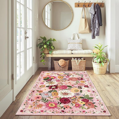 Floral Machine Washable Rug Pink, 3x5 Rug Non Slip Soft Bedroom Rugs for Entryway Dorm, Ultra-Thin Rugs for Bedroom Stain Resistan(3 x 5, Pink Garden)