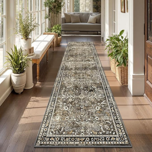 Yamaziot Washable Runner Rug 2x8 – Non Slip Boho Floral Hallway Runner Rug with Rubber Backing, Low Pile Wool Distressed Carpet for Kitchen, Laundry, Bedroom, Entrance, Tan