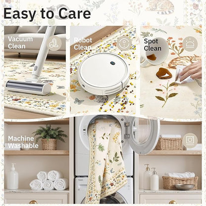 Cat 4x6 Area Rugs, Machine Washable Animal Floral Accent Rug Non-Slip Low Pile Soft Throw Rugs for Entryway Kitchen Bedside Living Room Bedroom Nursery Playroom (4 x 6,Beige)