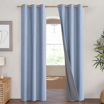 NICETOWN Stone Blue Vintage Linen 100% Blackout Curtains for Living Room, Thermal Insulated Curtains 90" Long, Noise Reducing Window Treatment Drapes for Hall Room, 42" Wide Per Panel, Set of 2
