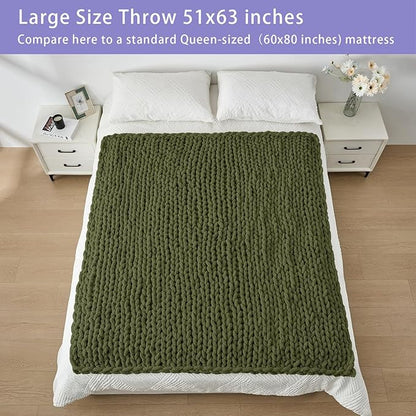 Bigacogo Chunky Knit Throw Blanket for Couch, 51x63 inches, 100% Hand Knitted with Thick Jumbo Chenille Yarn, Cozy Soft Large Rope Knot Cable Crochet Blankets for Sofa Bed Living Room, Yellow Green