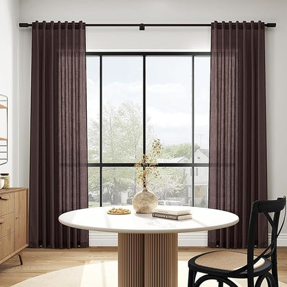Linen Curtains Semi Sheer Coffee Brown 96 Inches Long 2 Panels Set for Living Room Back Tab Rod Pocket Light Filtering Drape for Bedroom Dinning Room Vintage Rustic Protect Privacy 52x96