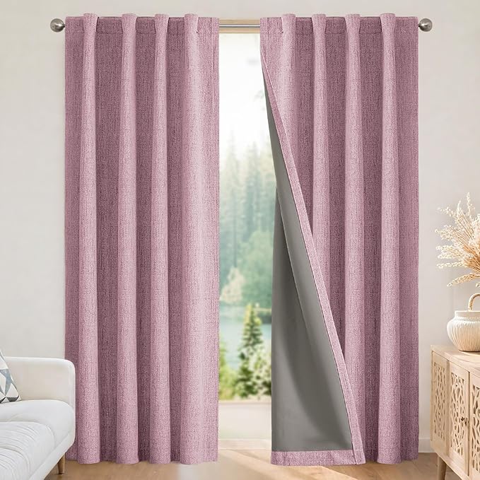 Joydeco Blackout Curtains for Bedroom - 100% Light Blocking 2 Panels Set Pink Drapes 37" W x 96" L, Thermal Insulated Room Darkening Curtains, Linen Textured for Living Room, Rod Pocket & Back Tabs