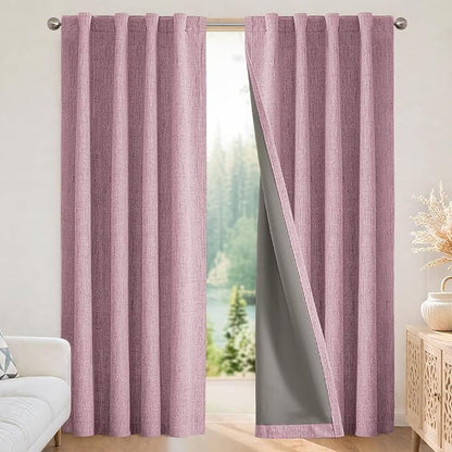 Joydeco Linen Blackout Curtains for Bedroom - 100% Light Blocking 1 Panels, Pink Drapes 100" W x 120" L, Thermal Insulated Room Darkening Curtains for Living Room, Rod Pocket & Back Tabs