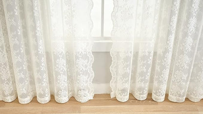 YJ YANJUN Vintage Lace Curtains 63 Inches Length- Elegant Victorian Floral Ivory Sheer Curtain Panels for Living Room Bedroom Kitchen, Scalloped Edges Rod Pocket, 2 Panels 52W x 63L Cream