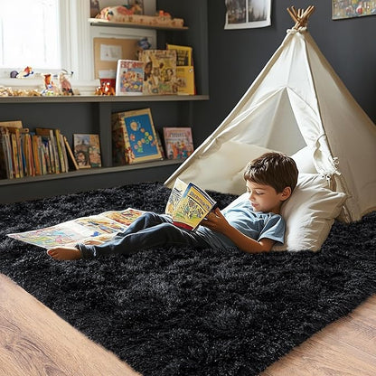 Pionblank Super Fluffy Area Rug for Living Room 5x7 Feet, Modern Indoor Shaggy Carpet, Soft Plush Non Slip Rugs for Bedroom Kids Room Cloakroom Home Decor, Black