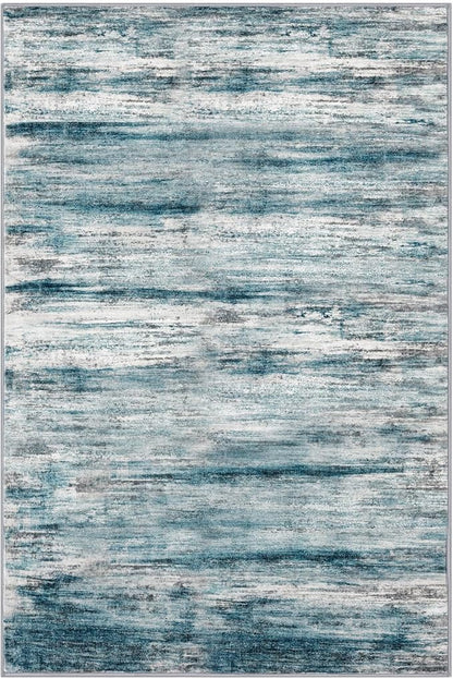 KOZYFLY Washable Area Rug 5x7 Modern Ombre Living Room Thin Rug Non-Slip Soft Striped Rug for Bedroom, Print Blue Abstract Carpet for Laundry Kid Room
