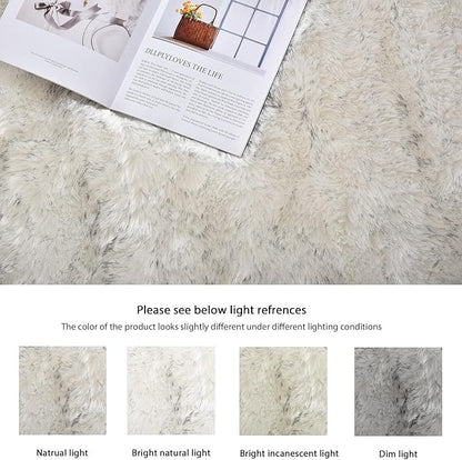ORINOVA White and Grey Shaggy Round Rugs 6.6ft Large Circle Washable Faux Sheepskin Furry Fur Rugs for Bedroom Living Room Nursery Rug Home Décor