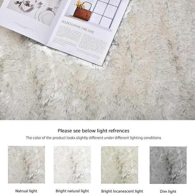 ORINOVA White and Grey Area Rugs 9x12 Living Room Large Washable Faux Fur Rugs for Bedroom Nursery Shaggy Sheepskin Fur Rectangle Rug
