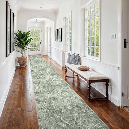 2'6"x16' Washable Hallway Runner Rug - Non Slip Kitchen Runner Rugs with Rubber Backing Vintage Low-Pile Carpet Runners for Entryway Dining Room Laundry Room Home Decor (Muted Sage Green)