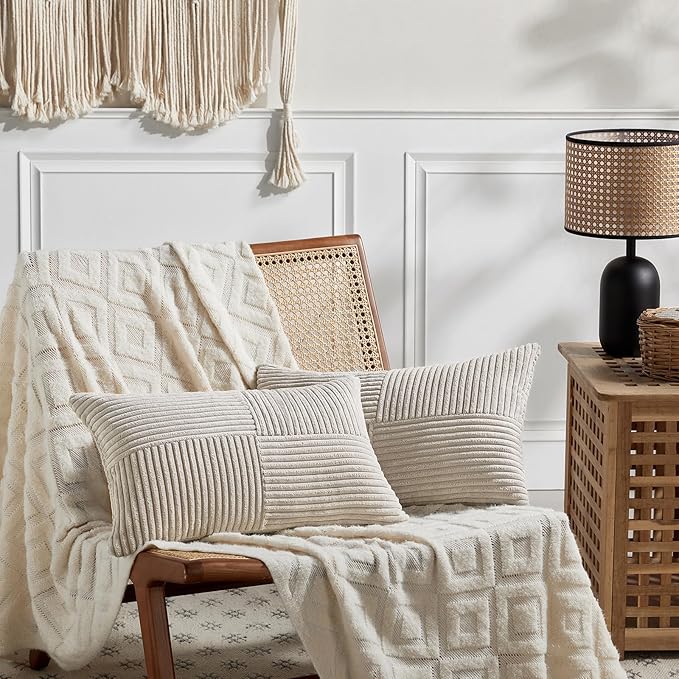 Fancy Homi 2 Packs Neutral Taupe Lumbar Decorative Throw Pillow Covers 16x32 Inch for Living Room Couch Bed Sofa, Farmhouse Home Decor, Soft Striped Corduroy Rectangle Accent Cushion Case 40x80 cm