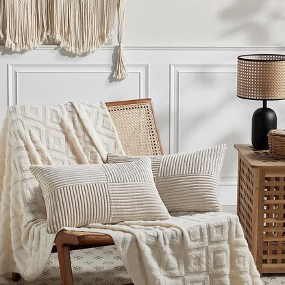 Fancy Homi 2 Packs Neutral Taupe Lumbar Decorative Throw Pillow Covers 16x28 Inch for Living Room Couch Bed Sofa, Farmhouse Home Decor, Soft Striped Corduroy Rectangle Accent Cushion Case 40x70 cm