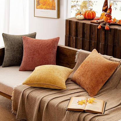 MIULEE Pack of 4 Orange/Yellow Couch Throw Pillow Covers 20x20 Inch Halloween Soft Decorative Chenille Pillows Farmhouse Accent Cushions for Boho Home Decor Spring Sofa Bedroom Living Room