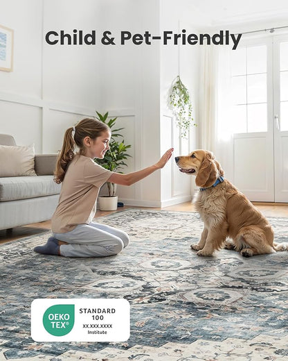 AMADA HOMEFURNISHING 2'6"x8' Washable Area Rug, Low-Profile Entryway Rug with Non-Slip Backing & Durable Edge Binding, Vintage Rug Pattern, Small Rugs for Entryway, Kitchen & Living Room