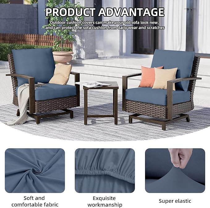 8Pcs Outdoor Cushion Covers, Patio Cushion Covers,Stretch Elastic Slipcovers, Replacement Washable & Reusable Furniture Protector for Patio Couch (Grey Blue,Cover Only)