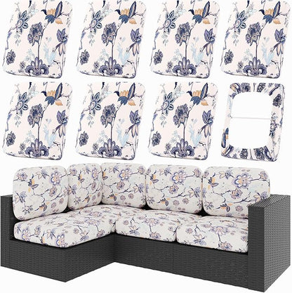 hyha 8Pcs Patio Cushion Covers, Stretch Outdoor Couch Cushion Covers, Washable Outdoor Chair/Sofa Slipcovers for Patio Furniture Cushions Protector with Elastic Bottom(Vintage Flower,Cover Only)