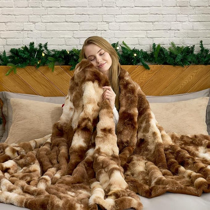 Cozy Bliss Faux Fur Throw Blanket for Bed Queen Size, Fuzzy Soft Plush Thick Bubble Blanket for Bedroom Living Room, 90x90 Inches Tie-dye Brown