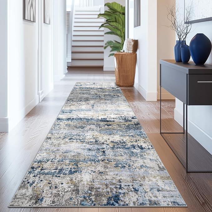 Area Rugs 2x8 Runner Rug: Washable Hallway Rug Modern Abstract Neutral Soft Non-Slip Low-Pile Indoor Carpet for Kitchen Bedside Entrance Laundry (Blue Grey Brown, 2'x8')