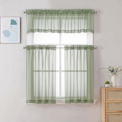 Chyhomenyc Sage Green Sheer Curtains 36 Inch Length, Short Voile Sheer Window Curtians for Small Window Bathroom Cafe Living Room, Set of 2, 42W x 36L inches, Rod Pocket,