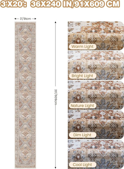 3x20 Long Runner Rug for Hallway, Non-Slip Long Kitchen Mats for Floor, Vintage Washable Rug for Entryway, Soft Hallway Runner for Dining Room, Bedroom, Living Room(Orange,3'x20')