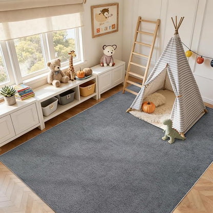 FinRèc 5x7 Washable Area Rugs for Bedroom Living Room, Low Pile Thin Rug Solid Color, Non-Slip Carpet Indoor for Home Decor (Pure Dark Grey)