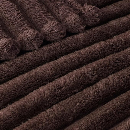 Exclusivo Mezcla Queen Size Flannel Fleece Blanket, Super Soft Striped Jacquard Bed Blanket, Lightweight Fuzzy Cozy for All Seasons, 90x90 Inches, Coffee