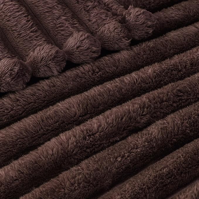 Exclusivo Mezcla Twin Size Flannel Fleece Blanket, Super Soft Striped Jacquard Bed Blanket, Lightweight Fuzzy Cozy for All Seasons, 60x80 Inches, Coffee