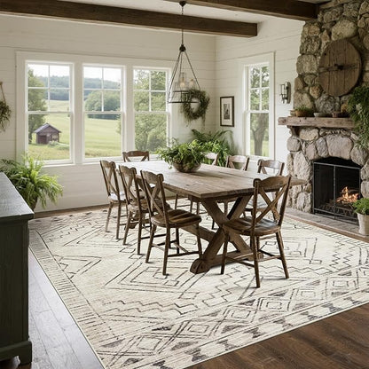 Washable Rugs 8x10 Area Rugs for Living Room,Bedroom,Dining Room- Large Ultra Soft Faux Wool Retro Carpet,Non Slip&Non-Shedding Low Pile Morocco Rug for Farmhouse Home Office Dorm(Beige-Brown)