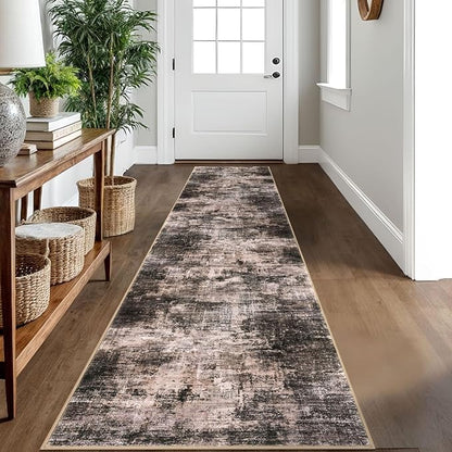 IOHOUZE Abstract Runner Rug 2x10 Ft Washable Runners for Hallways, Non Slip Kitchen Runner Printed Faux Wool Entryway Runner Indoor, Modern Abstract Floor Carpet for Hall Kitchen, Brown/Rust