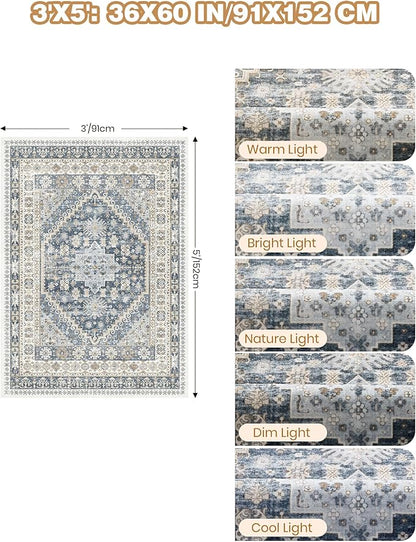 3x5 Washable Area Rug for Entryway, Kitchen Rugs Non Slip for Dining Room, Vintage Floral Soft Living Room Rug, Thin Area Rug Indoor for Bedroom, Kids Room Decor(Blue/Beige,3'x5')