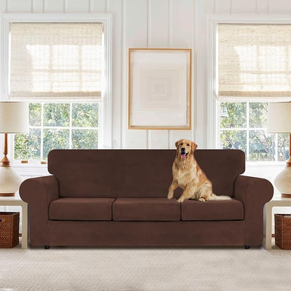 WEERRW 4 Pieces Velvet High Stretch Couch Covers for 3 Cushion Couch Sofa Slipcovers, Washable Furniture Protector with Non Slip Elastic Bottom, Feature Soft and Thick Plush Fabric, Chocolate, Large