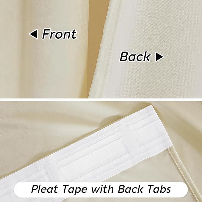 RYB HOME Beige Velvet Curtains 96 inches - Rod Pocket & Back Tab Boho Window Panels Privacy Theraml Insulted Drapes for Bedroom Bathroom, W52 x L96, 2 Panels Set