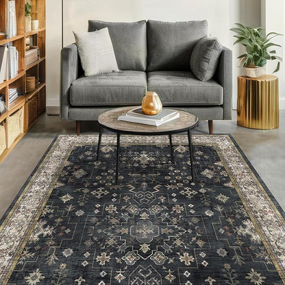 Black Boho Living Room Rug 5x7, Washable Dark Vintage Moody Low Pile Non Slip Carpet for Bedroom, Dinning Room, Office, Farmhouse, Retro Area Rug Indoor Decor (5x7 Black/Multi)