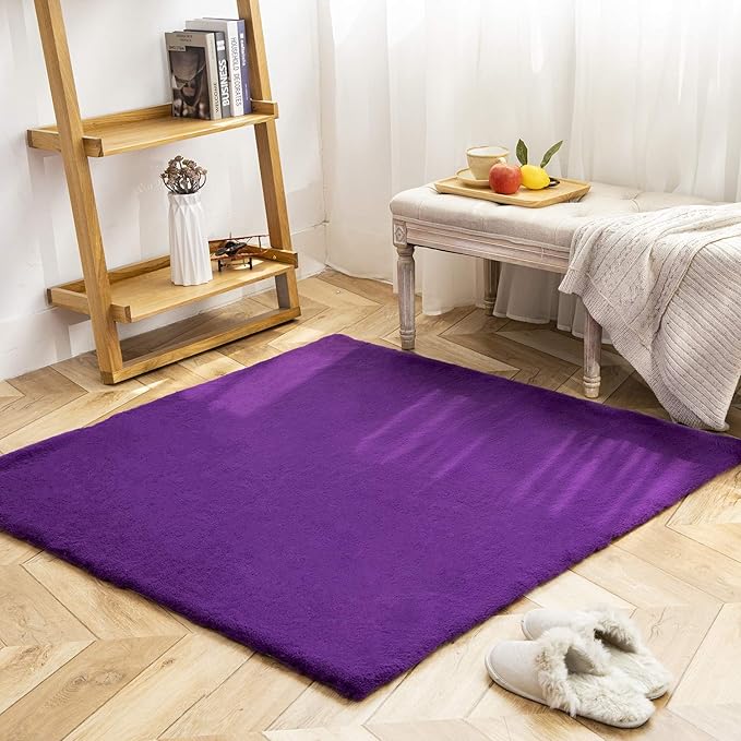 Ashler HOME DECO Ultra Soft Faux Rabbit Fur Chair Couch Cover Area Rug for Bedroom Floor Sofa Living Room Purple 4 x 4 Feet